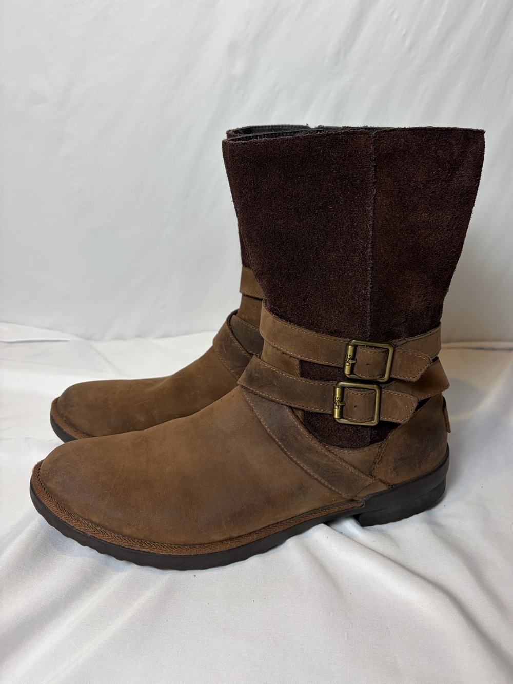 UGG Lorna Waterproof Moto Boots Brown Suede Leather Women’s 11